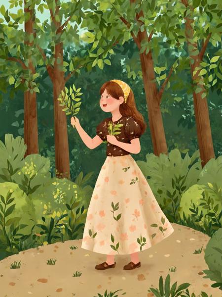 00954-3135398604-_lora_chatu0516_0.7_,illustrations,1girl,solo,outdoors,basket,leaf,tree,from side,short sleeves,hands up,skirt,grass,holding,._.png